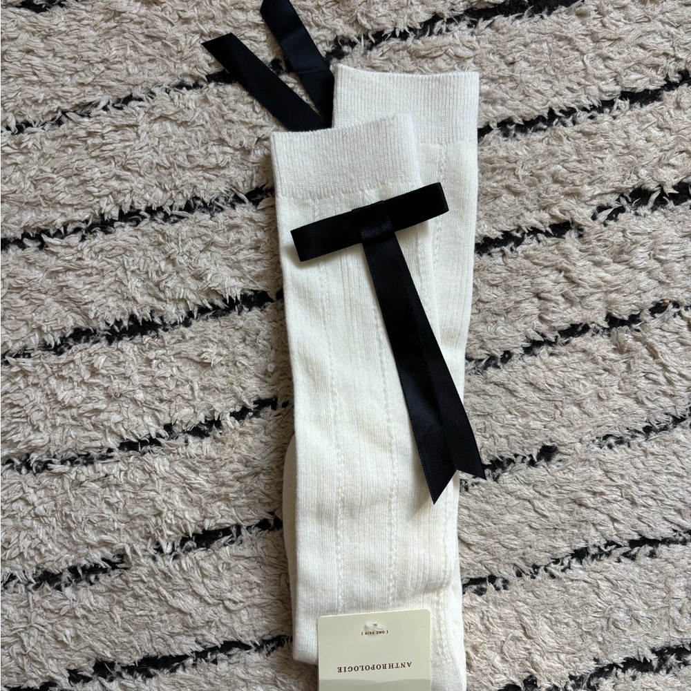 Anthro Cream Ribbed Knee-High Socks with Black Ribbon